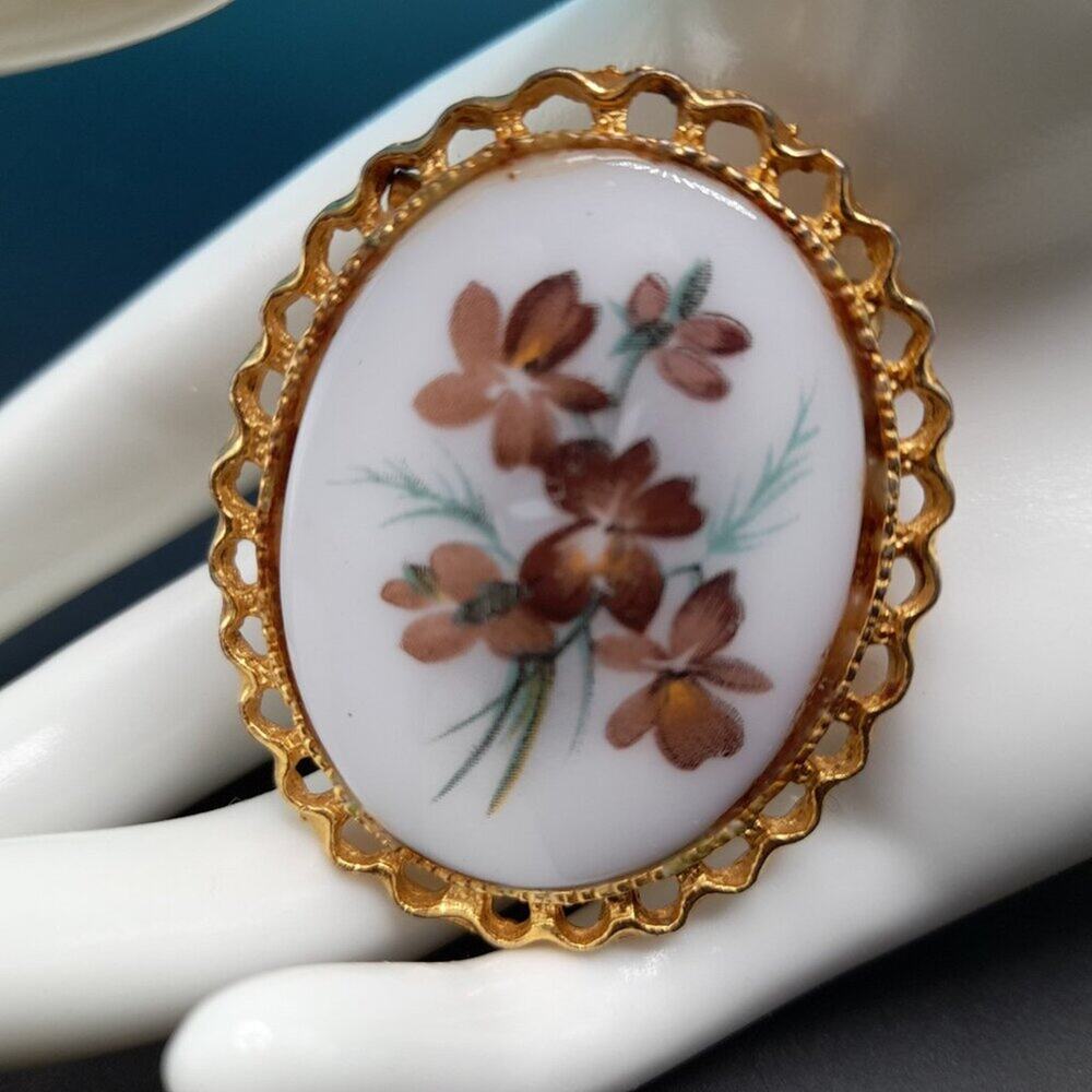 Vintage Violets Floral Brooch, Porcelain Center, 1960s, 2 Inches